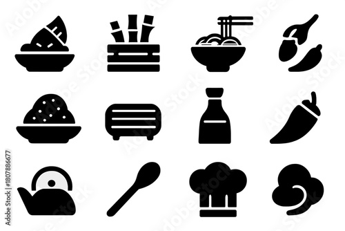 Asian Bamboo Cuisine Icons. Asian bamboo dishes. Solid icon set of Asian bamboo dishes: bamboo shoot curry, bamboo dumplings, bamboo pickles, noodle bowl, rice