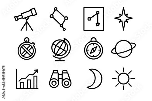 Astronomical Icon Set. Astronomical navigation. Line icon set of astronomical navigation: telescope, constellation, star chart, North Star, astrolabe, globe,
