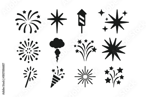 Colorful Fireworks Icons. Colorful fireworks. Solid icon set of Colorful fireworks: exploding firework, spark burst, rocket, star sparkle, round explosion,