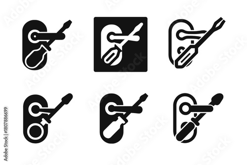 Door Hardware Icons. Replacing door hardware (knob or handle). Icon set. Set Logo of replacing door hardware (knob or handle): handle and key silhouette on