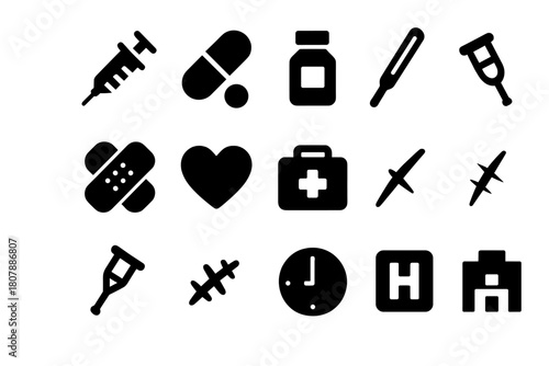 Medical Icons Grid. Medical treatment. Solid icon set of Medical treatment: syringe, pill, medicine bottle, thermometer, bandage, heart, first aid kit, wound,
