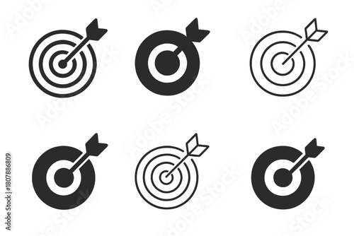 Target Icons Grid. Self-motivation. Icon set. Set Logo of Target: Bullseye focus. Abstract geometric, Filled silhouette, Flat solid, Minimal outline, Iconic