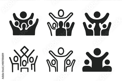 Crowd Emblem Logos. People in the crowd. Icon set. Set Logo of People in the Crowd: raised hands forming a collective shape. harmonious logo variations of the