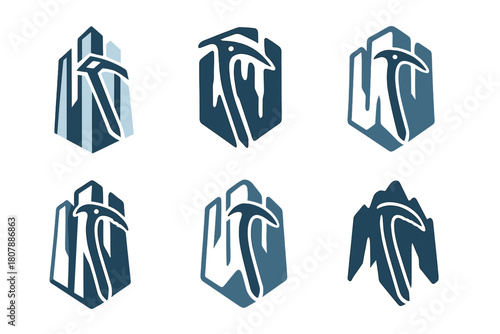 Ice Climbing Logo Variations. Ice climbing. Set Logo of Ice climbing: ice axe on frozen wall. harmonious logo variations of the same emblematic concept, each