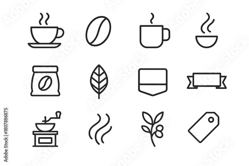 Coffee Icon Set. Coffee shop design. Line icon set of coffee shop design: coffee cup, mug, coffee bean, steam, aroma swirl, leaf, grinder, sack, label tag,