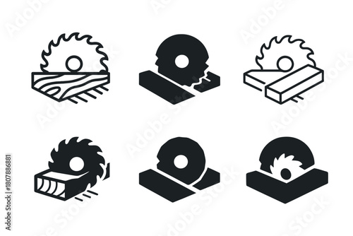 Saw Blade Logos. Power saw blade. Icon set. Set Logo of Power Saw Blade: stylized saw blade in warning triangle. harmonious logo variations of the same