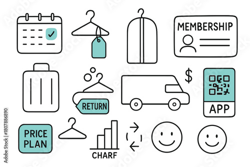 Rental Fashion Doodles. // Rental fashion programs. Hand-drawn doodle illustration rental fashion programs [calendar (accented), hanger with tag (accented),