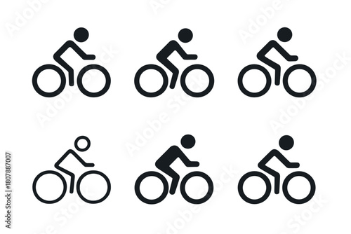 Bicycle Logo Variations. Person on bicycle. Icon set. Set Logo of person on bicycle: silhouette of cyclist in motion within circular frame. harmonious logo