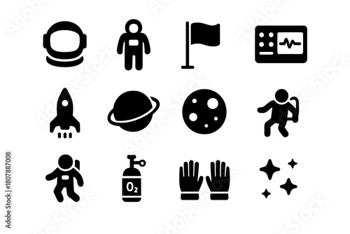 Astronaut Icons Set. Astronaut mission. Solid icon set of Astronaut mission: astronaut helmet, space suit, flag, control panel, rocket launch, planet, moon,