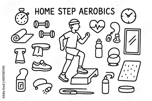 Home Aerobics Essentials. Home Step Aerobics. Hand-drawn doodle illustration Home Step Aerobics aerobic step, person exercising, dumbbells, yoga mat, water