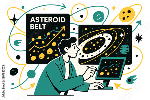 Asteroid Analysis Illustration. Asteroid belt studies. Astronomer analyzing asteroid belt data on digital screens with abstract floating orbit paths and