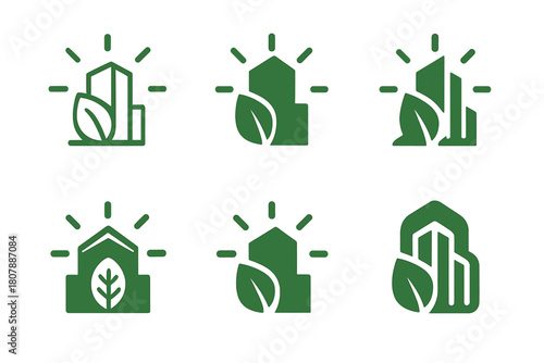 Eco Building Icons. Energy-efficient buildings. Icon set. Set Logo of energy-efficient buildings: eco-friendly building emitting radiant energy