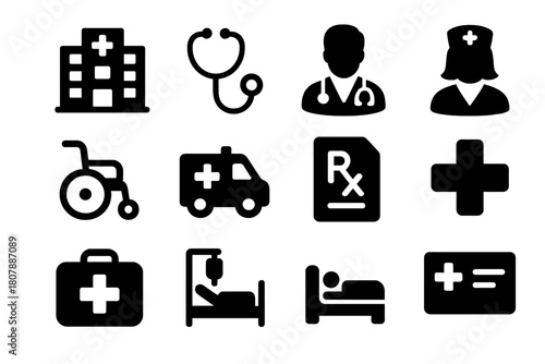 Healthcare Icons Grid. Treatment Access. Solid icon set of Treatment Access: hospital, stethoscope, doctor, nurse, wheelchair, ambulance, prescription, medical