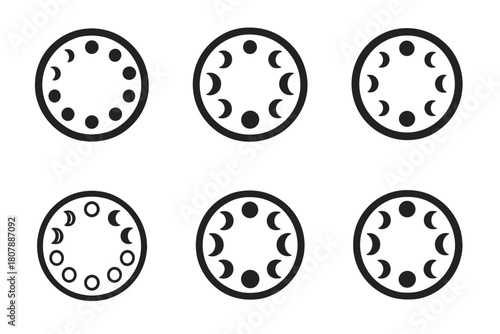 Moon Phases Icons. Moon phases. Icon set. Set Logo of moon phases: telescope viewing path trailing through phases. harmonious logo variations of the same