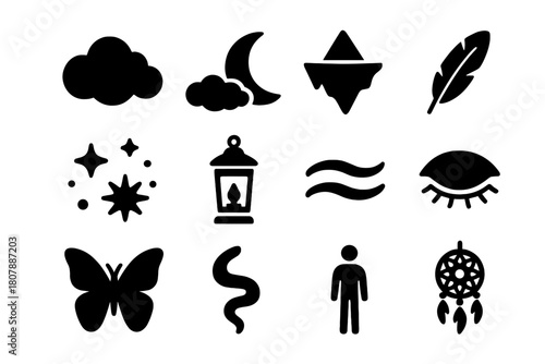 Dreamscape Icons Set. Dreamscape Cloud Surfing. Solid icon set of Dreamscape Cloud Surfing: dreamy cloud, crescent moon, floating island, feather, stardust,