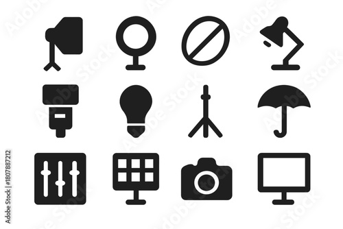 Lighting Setup Icons. Lighting setup. Solid icon set of lighting setup: softbox, ring light, reflector, lamp, flash, bulb, stand, umbrella, control panel,