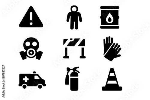 Hazard Mitigation Icons. Hazard Mitigation. Solid icon set of Hazard Mitigation: warning sign, biohazard symbol, hazmat suit, chemical barrel, gas mask,