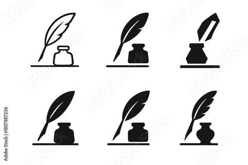 Elegant Logo Variations. Poetic expression. Icon set. Set Logo of poetic expression: quill and ink bottle beside a verse line. harmonious logo variations of