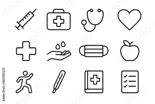 Preventive Measures Icons. Preventive measures. Line icon set of Preventive measures: syringe, first aid kit, stethoscope, heart, medical cross, hand washing,