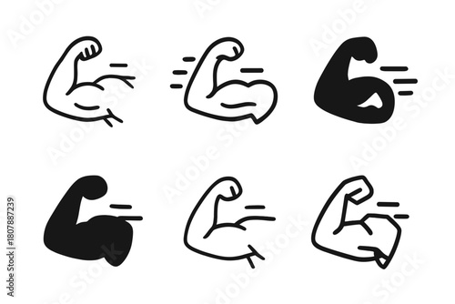 Exercise Icon Variations. The benefits of physical exercise. Icon set. Set Logo of The benefits of physical exercise: Flexed bicep with motion lines.
