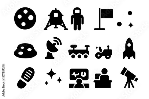 Lunar Mission Icons. Lunar mission. Solid icon set of Lunar mission: moon, lunar lander, astronaut, flag, crater, satellite dish, rover, rocket, footprint,