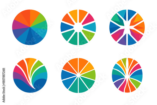 Vibrant Logo Icons. Vibrant colors. Icon set. Set Logo of vibrant colors: color wheel with dynamic segments. harmonious logo variations of the same emblematic