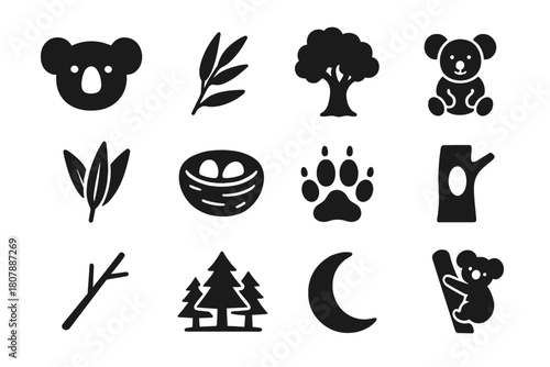 Australian Animal Icons. Australian Animals. Solid icon set of Australian Animals: koala, eucalyptus branch, tree, baby koala, leaves, nest, paw print, tree