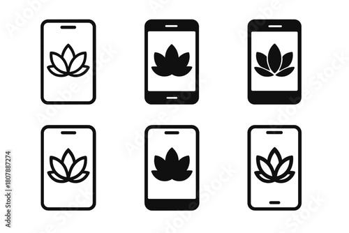 Meditation App Icons. using a meditation app. Icon set. Set Logo of using a meditation app: smartphone with lotus symbol. harmonious logo variations of the