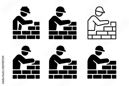Bricklayer Logo Variations. Bricklayers constructing buildings. Icon set. Set Logo of Bricklayers constructing buildings: Crane lifting bricks. harmonious logo