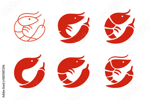 Spicy Seafood Logos. Spicy seafood. Icon set. Set Logo of Spicy Seafood: lobster with heat wave accents. harmonious logo variations of the same emblematic