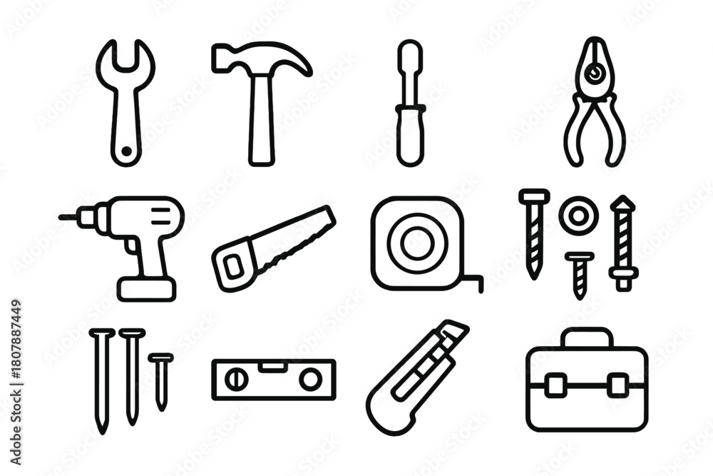 Obraz premium Mechanic Tool Icons. Mechanic tools. Line icon set of Mechanic tools: wrench, hammer, screwdriver, pliers, drill, saw, tape measure, bolts, nails, level,