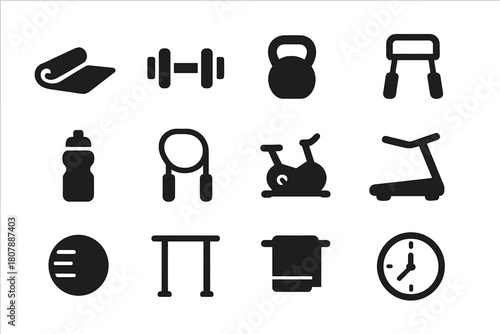 Home Exercise Icons. Exercising at home. Solid icon set of Exercising at home: yoga mat, dumbbell, kettlebell, resistance band, water bottle, jump rope,