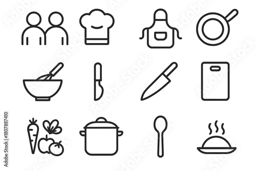 Cooking Icon Set. Cooking and measuring. Line icon set of cooking and measuring: scale, measuring cup, spoon, bowl, flour bag, whisk, jar, rolling pin, scoop,