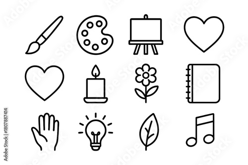 Creative Therapy Icons. Creative therapy. Line icon set of creative therapy: paintbrush, palette, canvas, journal, heart, candle, flower, sketchbook, hand,