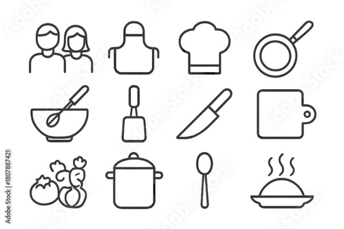 Cooking Icons Collection. Cooking together set. Line icon set of Cooking together set: two people, apron, chef hat, frying pan, mixing bowl, spatula, knife,