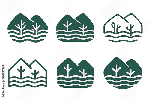 Flooded Valley Logo Set. Flooded valley. Icon set. Set Logo of flooded valley: submerged trees in valley water. harmonious logo variations of the