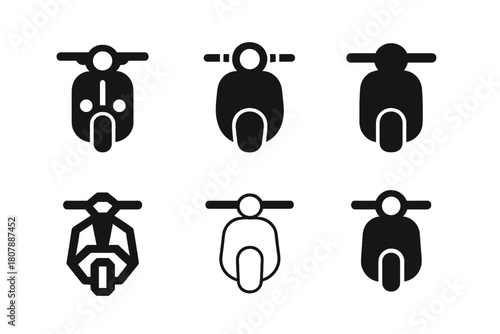 Scooter Logo Variations. Riding a scooter. Icon set. Set Logo of Riding a Scooter: scooter parked beside city street. harmonious logo variations of the same