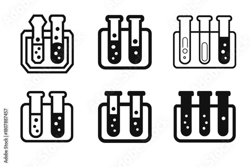 Lab Test Tube Logos. Research. Icon set. Set Logo of Research: Laboratory test tubes. harmonious logo variations of the same emblematic concept, each with