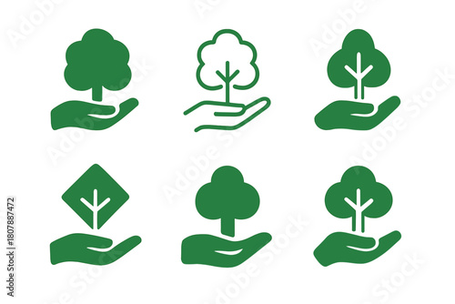 Reforestation Icon Set. Reforestation efforts and tree planting. Icon set. Set Logo of Reforestation efforts and tree planting: Forest canopy. harmonious logo