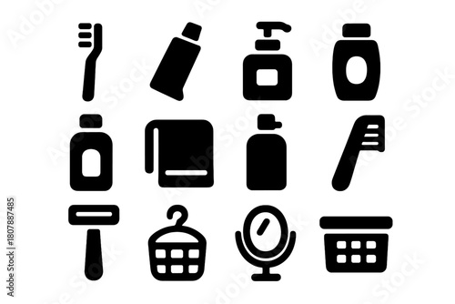 Hygiene Icon Set. Hygiene Essentials. Solid icon set of Hygiene Essentials: toothbrush, toothpaste, soap dispenser, shampoo bottle, conditioner bottle, towel,