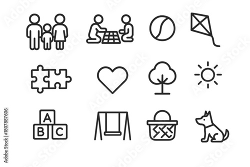Family Playtime Icons. Family playtime. Line icon set of family playtime: parents and children, board game, ball, kite, puzzle, picnic basket, heart, tree,