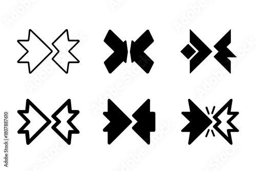 Hostile Takeover Logos. Hostile takeover. Icon set. Set Logo of hostile takeover: two arrows clashing in opposite directions. harmonious logo variations of the
