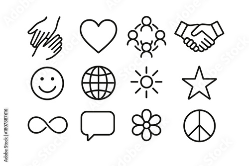 Human Connection Icons. Human connection. Line icon set of human connection: hands touching, heart, people circle, handshake, smile, globe, light rays, star,