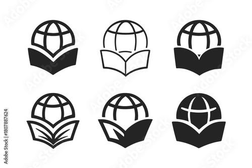 Library Logo Variations. Library. Icon set. Set Logo of library: globe and book representing world knowledge. harmonious logo variations of the same emblematic