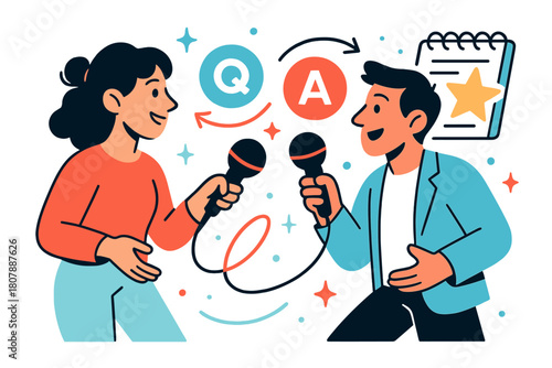 Dynamic Interview Scene. Interview segment. Two mics face each other like friendly comets; ?Q? and ?A? badges orbit between hosts. A notepad flips to a star as