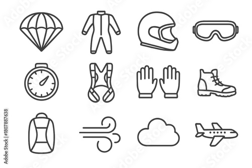Skydiving Gear Icons. Skydiving gear. Line icon set of skydiving gear: parachute, jumpsuit, helmet, goggles, altimeter, harness, gloves, boots, backpack, wind
