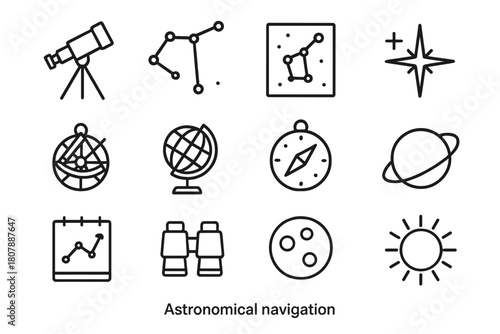 Astronomical Icon Set. Astronomical navigation. Line icon set of astronomical navigation: telescope, constellation, star chart, North Star, astrolabe, globe,