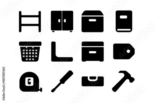 Organized Home Icons. Organized home. Solid icon set of organized home: shelf, cabinet, storage box, book, basket, bracket, drawer, label, measuring tape,
