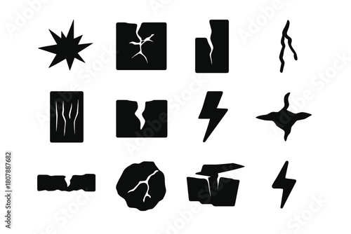 Material Break Icons. Material break. Solid icon set of Material break: fracture, crack in glass, broken wall, fissure, split wood, chasm, lightning bolt,