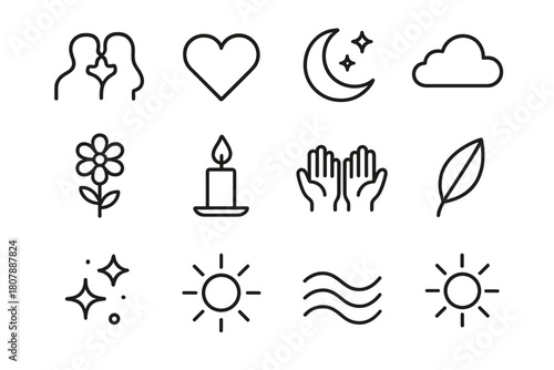 Peaceful Love Icons. Peaceful Love. Line icon set of Peaceful Love: couple silhouettes, heart, moon, stars, cloud, flower, candle, hands, leaf, sparkle, sun,